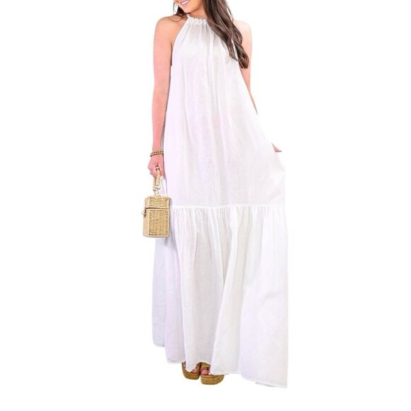 ELAN Linen Blend Tiered Halter Maxi Dress Relaxed Fit High Neck White Medium NWT - Picture 7 of 15